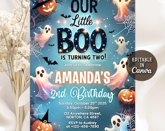 Our Little Boo is Turning Two Birthday Invitation, Halloween Birthday Invitation, Our Boo is Two, 2nd Birthday Boy Invite, Editable Canva