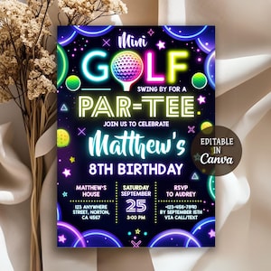 May include: A vibrant invitation for a mini golf-themed birthday party. The design features neon green and yellow text, with a golf ball graphic. The invitation includes the text "Matthew's 8th Birthday" and event details.