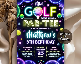 Mini Golf Birthday Invitation, Glow Party, Boy Girl Golf Party Invite, Golf Invitation, Sports Birthday Party, Let's Par Tee, Editable Canva