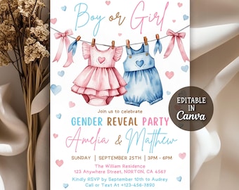 May include: A gender reveal party invitation with the text "Boy or Girl" in pink and blue. The invitation features watercolor illustrations of a pink dress and blue overalls hanging on a clothesline, with hearts and bows.
