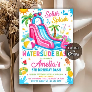 Water Slide Birthday Invitation, Water Slide Invitation, Water Slide Bash, Summer Pool Party, Girl Splash Party Invitation, Editable Canva