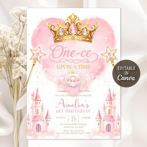 May include: A pink and gold princess-themed birthday invitation. The design features a golden crown, a pink heart, a carriage, and two magic wands. The text reads "One-ce Upon a Time" and includes the name "Amelia's" and event details.