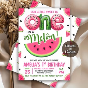 Peut inclure: Invitation d'anniversaire sur le thème de la pastèque avec le texte "Our Little Sweet is One in a Melon!". L'invitation comprend une tranche de pastèque et le texte "Amelia's 1st Birthday" avec la date, l'heure et le lieu. Modifiable dans Canva.