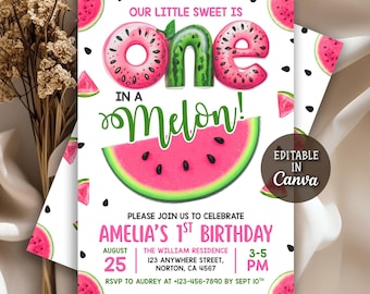 Watermelon Birthday Invitation, Girl Melon 1St Birthday Invitation, One in a Melon 1st Birthday, Pink Summer Party Invite, Editable Canva