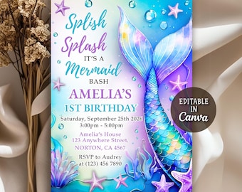 Mermaid Birthday Invitation, Mermaid Party Invitation, Mermaid Bash Invitation, Under the Sea Birthday Invitation, Editable Canva Template