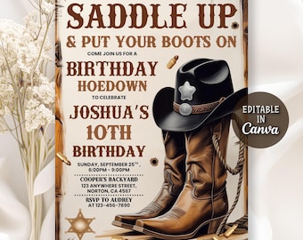 Convite para festa de aniversário Western Hoedown, convite de aniversário de cowboy, prepare-se e calce suas botas, convite com botas de cowboy, Canva editável