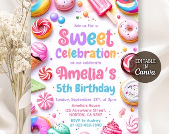 Sweets Candy Invitation, Sweets Birthday Invitation, Sweet Celebration, Candyland Invitation, Candy Ice Cream Cupcake Donut, Editable Canva
