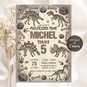 May include: Dinosaur-themed invitation with a fossilized design. The invitation includes dinosaur skeletons, rocks, and bones. The text reads "Michel Turns 5" with event details: Saturday, October 25, 6:00PM-9:00PM, Michel's Museum.