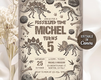 May include: Dinosaur-themed invitation with a fossilized design. The invitation includes dinosaur skeletons, rocks, and bones. The text reads "Michel Turns 5" with event details: Saturday, October 25, 6:00PM-9:00PM, Michel's Museum.
