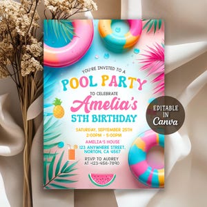 Pool Party Invitation, Tropical tie dye, Swimming Pool Party, Pool Party Birthday Invitation, Neon Glow Invitation, Editable Canva Template