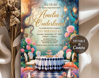 May include: A whimsical invitation for Amelia's 1st birthday, themed "Wonderland." The design features a fantasy scene with mushrooms, flowers, and a table setting. The text includes the date, time, and location. The invitation is editable in Canva.