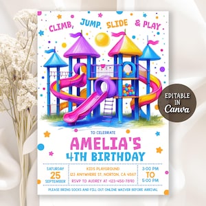 May include: A colorful birthday party invitation featuring a playground illustration with slides and climbing structures. The invitation includes the text "CLIMB, JUMP, SLIDE & PLAY" and details for Amelia's 4th birthday, including date, time, and location.