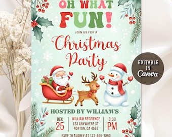 Invito per festa di Natale, invito per festa di Natale per bambini, invito per festa "Oh What Fun" con cappello di Babbo Natale, modello Canva a tema natalizio, modello Canva modificabile