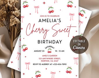 Invitación de cumpleaños con tema de cereza, invitación de cumpleaños con lazo de cereza, fiesta de cumpleaños de niña con tema de cereza, fiesta de niña con tema de cereza, Canva editable
