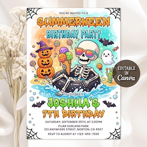 May include: A Summerween birthday party invitation featuring a skeleton in sunglasses holding an ice cream cone while floating in a black inner tube. The design includes three stacked jack-o'-lanterns, a ghost, bats, and text reading Joshua's 7th Birthday.