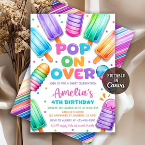 Invitación de cumpleaños de helado, invitación de cumpleaños de verano, invitación de helado, invitación de fiesta de cumpleaños de verano, fiesta infantil en la piscina, Canva editable