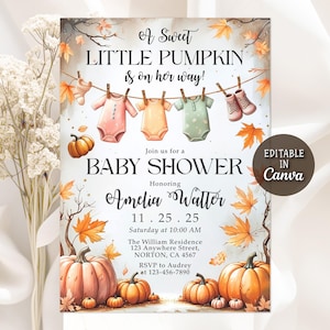 May include: Baby shower invitation with a fall theme. The design features pumpkins, autumn leaves, and baby clothes hanging on a clothesline. The text reads "A Sweet Little Pumpkin is on her way!" and includes event details.