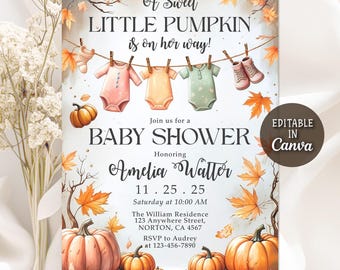Fall Pumpkin Baby Shower Invitation, Baby Clothes Invite, A Little Pumpkin On Her Way, Pumpkin Invite, Autumn Baby Shower, Editable Canva