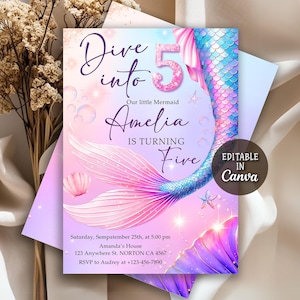 May include: A mermaid-themed birthday invitation with a pink, purple, and blue color scheme. The invitation reads "Dive into 5" and includes the name "Amelia" and party details. The design features a mermaid tail, seashells, and starfish.
