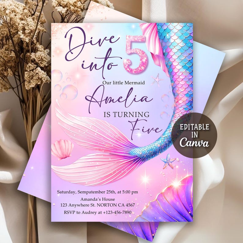 5 Years Old Party,5th Birthday Party,Pink Purple Mermaid,Mermaid  Birthday,Mermaid Party Invite,Holographic Mermaid,Neon Mermaid Party,Hologram Mermaid,Mermaid Invitation,Dive into Five,Under The Sea,Editable Template,Birthday Invitation