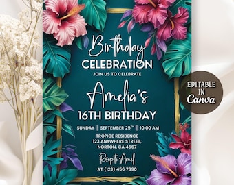 Tropical Birthday Invitation, Tropical Flowers Birthday Invitation, Aloha Party Invite, Hawaiian Invitation, Luau Invitation, Editable Canva