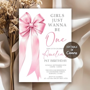 Girls Just Wanna Be One Invite, Pink Bow Birthday Invitation, Soft Pastel Pink Ribbon, Elegant Coquette Girl 1st Birthday, Editable Canva