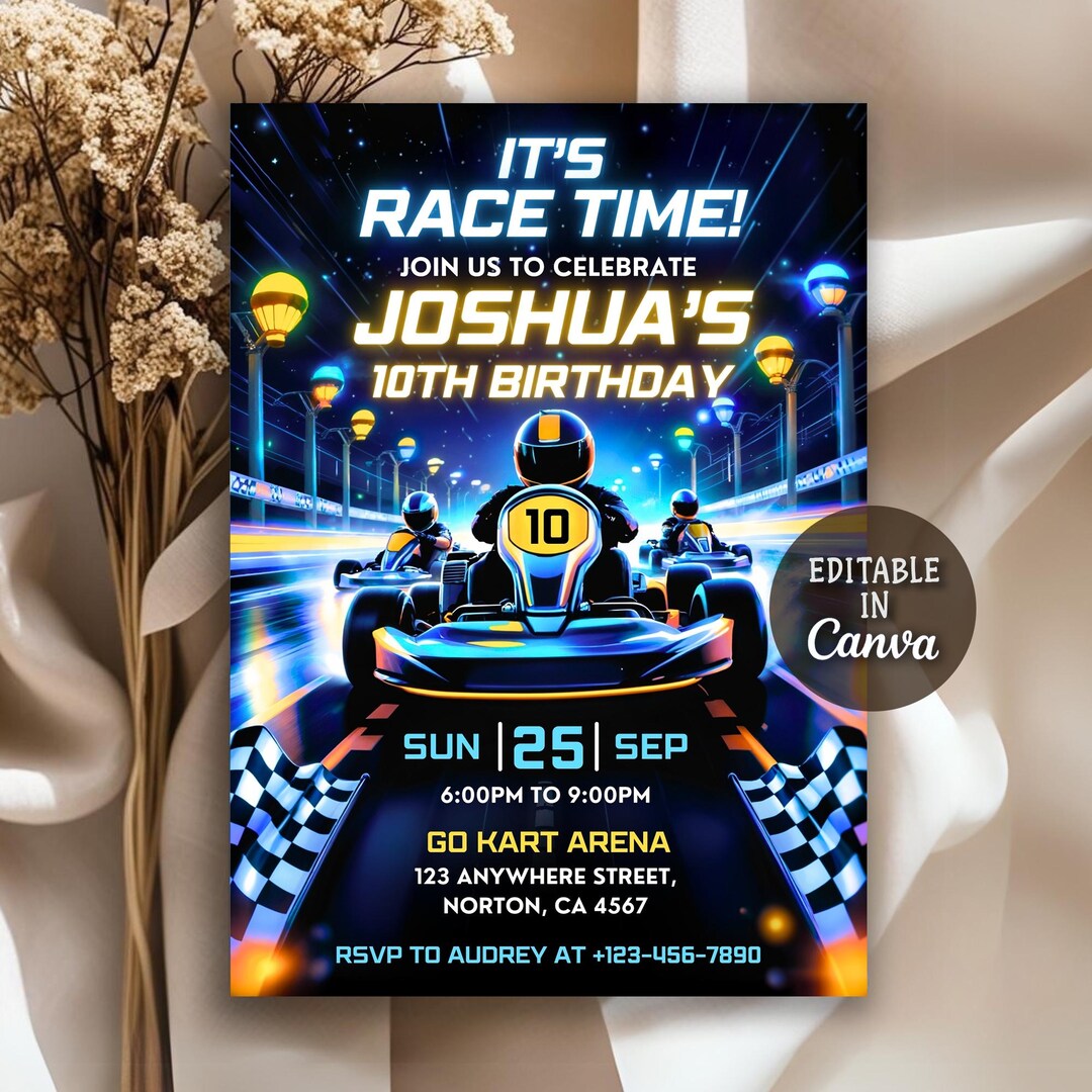 Go Kart Birthday Invitation, Go Kart Birthday Party, Go Kart Party