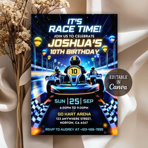 ゴーカート誕生日招待状、ゴーカート誕生日パーティー、ゴーカートパーティー、カート招待状、ゴーカートレース招待状、編集可能なCanvaテンプレート