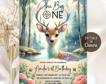 Hunting First Birthday Invitation, The Big One Deer 1st Birthday Invitation, Baby Deer Birthday Invitation, Hunting Theme, Editable Canva