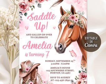 Cowgirl Birthday Invitation, Horse Birthday Invitation, Pink Floral Birthday Invitation, Cowgirl Party Horse Invite, Editable Canva Template