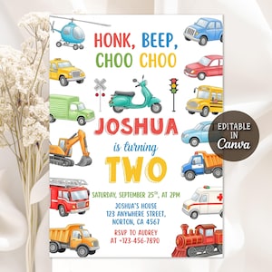 Könnte beinhalten: Eine farbenfrohe Geburtstagseinladung mit Abbildungen von Fahrzeugen wie Hubschrauber, Autos und einem Zug. Der Text lautet "Honk, Beep, Choo Choo" und "Joshua wird zwei". Enthält Eventdetails und eine Canva-Bearbeitungsoption.
