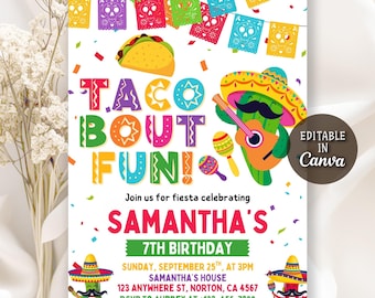 Puede incluir: Una colorida invitación con el texto "TACO BOUT FUN!" y detalles para una fiesta de cumpleaños. El diseño incluye un taco, un cactus tocando la guitarra y decoraciones festivas. La invitación es editable en Canva.
