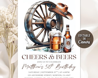 乾杯＆ビールの誕生日パーティー招待状、30歳・40歳・50歳のサプライズビールパーティー招待状、大人向け招待状、男性向け招待状、編集可能なCanva