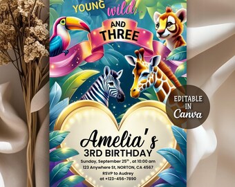 Young Wild and Three Invitation, Three Years Old Safari Birthday, Safari Birthday Invitation, Wild Child Birthday Boy & Girl, Editable Canva