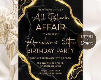 Inbjudan till All Black Affair, födelsedagsinbjudan i guld agat, lyxig företagsgalamiddagsinbjudan, inbjudan till vuxen födelsedagsfest, redigerbar canvas