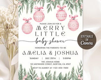 May include: A baby shower invitation with a festive design. The invitation features pink baubles with bows, greenery, and the text "MERRY LITTLE baby shower." The invitation includes the names Amelia & Joshua, date, time, and location.