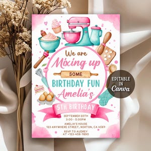 Baking Birthday Party Invitation, Baking Party Invite, Cooking Birthday Invitation, Cupcake Baking Party, Girly Cake Baking, Editable Canva