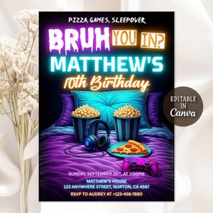 May include: A digital invitation for Matthew's 10th birthday sleepover, featuring pizza and games. The design includes popcorn, headphones, a slice of pizza, and a game controller. The invitation is editable in Canva and includes the date, time, and location.
