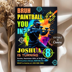Paintball-Geburtstags-Einladung, Paintball-Party einladen, Junge Paintball-Geburtstagsfeier, Paint Platters Teen, Tween Paintballer, bearbeitbare Canva