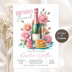 Convite para Brunch de Aniversário, Flyer para Brunch, Convite para Festa com Champanhe, Flyer para Panquecas, Convite para Brunch, Canva Editável