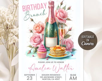 Birthday Brunch Invitation, Brunch Flyer Birthday Invitation, Champagne Party Evite, Pancake Flyer, Brunch Party Invitation, Editable Canva