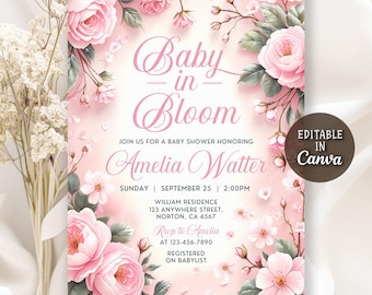 Baby in Bloom Baby Shower Invitation, Wildflower Baby Shower Invite, Pink Spring Flowers Baby Shower Invitation, Editable Canva Template