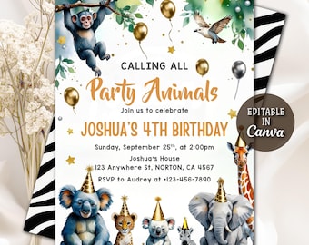 May include: A colorful birthday invitation with a jungle theme. The invitation features watercolor illustrations of a monkey, giraffe, elephant, zebra, and other animals. Text reads "Calling All Party Animals" and details for Joshua's 4th birthday.