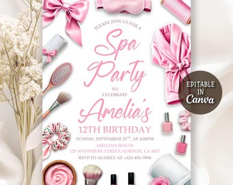 Invitación a fiesta de cumpleaños de spa, cumpleaños de spa para niñas, invitación a fiesta de mimos, fiesta de cumpleaños glam, invitación con lazo rosa, plantilla editable de Canva