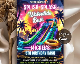 May include: A vibrant invitation for a waterside bash, featuring a colorful waterslide, palm trees, and a sunset backdrop. The text reads "Splish Splash Waterslide Bash" and includes event details for Michel's 5th birthday.