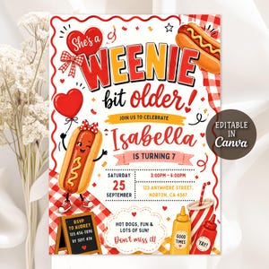 May include: A birthday invitation card featuring a cartoon hot dog character, red and white checkered patterns, and the text She's a WEENIE bit older! Join us to celebrate Isabella is turning 7 on Saturday 25 September from 3:00pm to 6:00pm.
