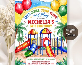 Invitación de cumpleaños para parque infantil, invitación para fiesta al aire libre, invitación para fiesta en el parque, invitación para fiesta en el gimnasio de la jungla, juego de escalada suave, Canva editable