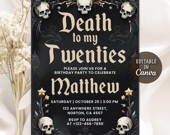 Death to My Twenties Invitation, Funeral for my Youth Invitation, Gothic Death to My 20s Invite, Halloween Birthday Party, Editable Canva