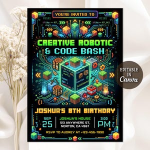 May include: A black digital invitation for a Creative Robotic & Code Bash 8th birthday party for Joshua. The design features pixelated blocks, circuit board lines, and code snippets in neon colors. Includes event details like date, time, and address.
