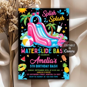 Water Slide Birthday Invitation, Water Slide Bash, Summer Pool Party, Girl Splash Party Invitation, Water Slide Invitation, Editable Canva